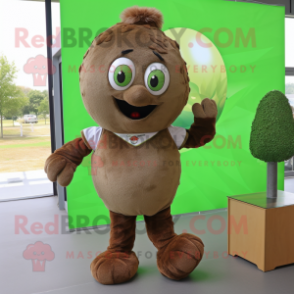 Olive Meatballs mascot costume character dressed with a Button-Up Shirt and Foot pads