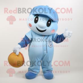 Sky Blue Baseball Ball mascot costume character dressed with a Overalls and Hair clips