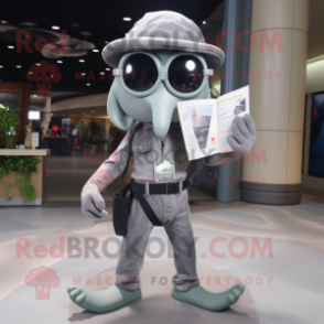 Gray Squid mascot costume character dressed with a Cargo Pants and Reading glasses