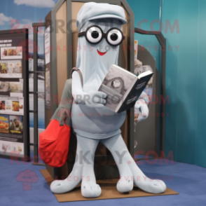 Gray Squid mascot costume character dressed with a Cargo Pants and Reading glasses