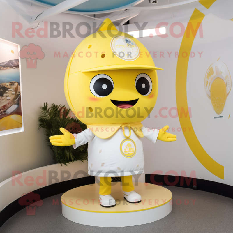 Lemon Yellow Gyro mascot costume character dressed with a Playsuit and Caps