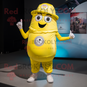 Lemon Yellow Gyro mascot costume character dressed with a Playsuit and Caps