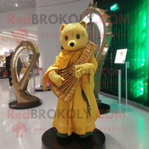 Gold Celtic Harp mascot costume character dressed with a Raincoat and Bracelets