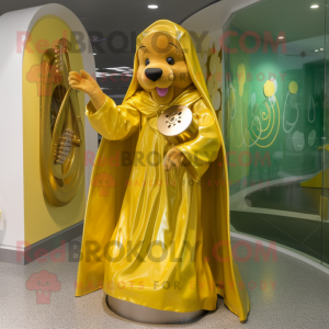 Gold Celtic Harp mascot costume character dressed with a Raincoat and Bracelets