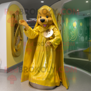 Gold Celtic Harp mascot costume character dressed with a Raincoat and Bracelets