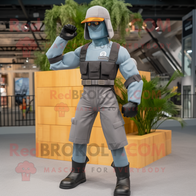 Gray Gi Joe mascot costume character dressed with a Dungarees and Backpacks