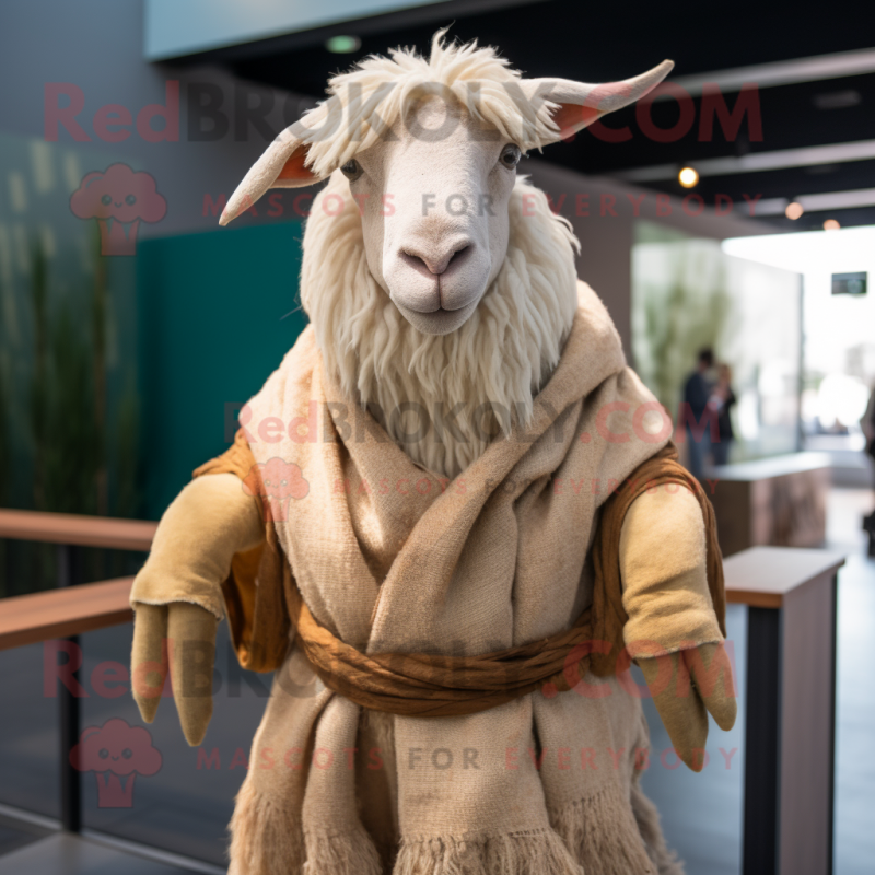 Tan Angora Goat mascot costume character dressed with a Bodysuit and Shawls