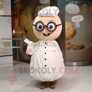 Cream Meatballs mascot costume character dressed with a A-Line Dress and Eyeglasses