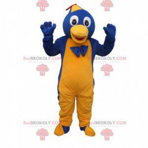 Blue and yellow penguin mascot with a cap and a bow -