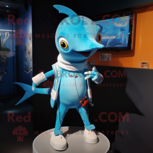 Turquoise Swordfish mascot costume character dressed with a Flare Jeans and Brooches