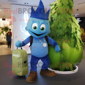 Blue Beanstalk mascot costume character dressed with a V-Neck Tee and Backpacks