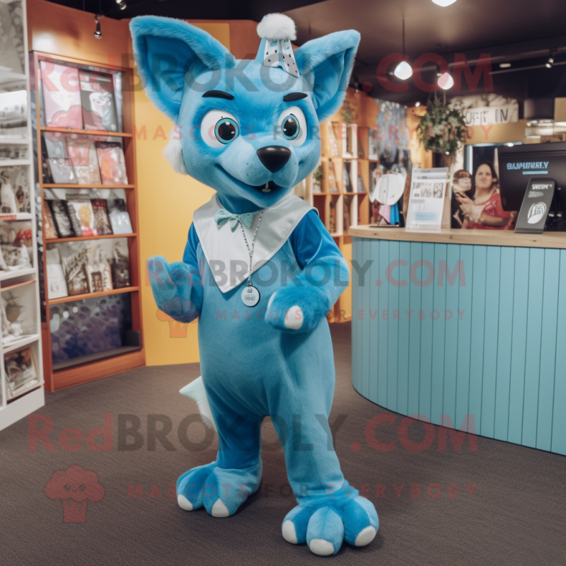 Cyan Dingo mascot costume character dressed with a Culottes and Cummerbunds