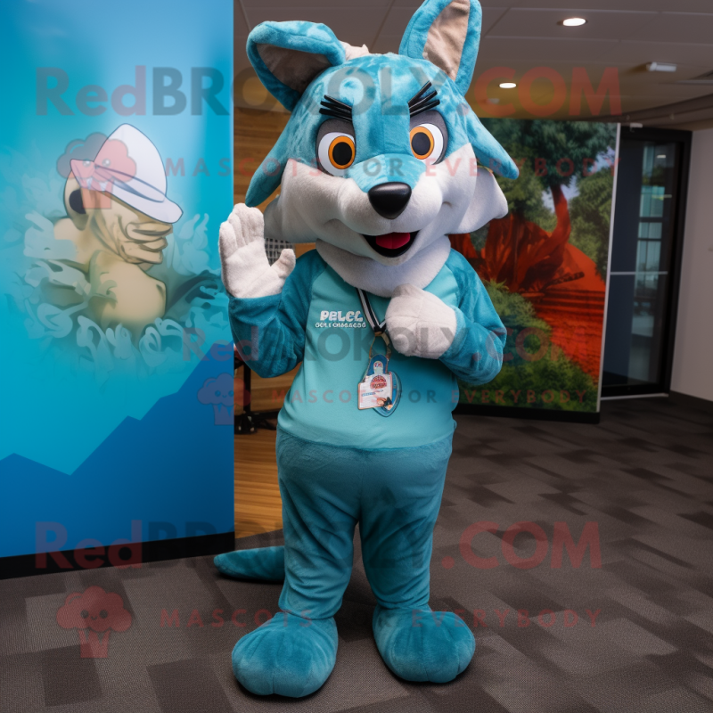 Cyan Dingo mascot costume character dressed with a Culottes and Cummerbunds