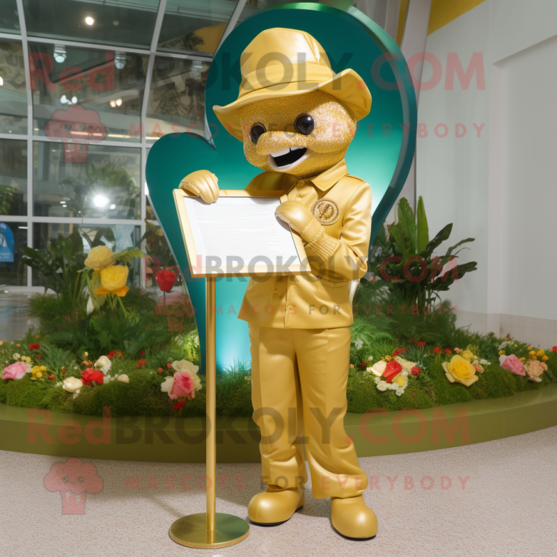 Gold Love Letter mascot costume character dressed with a Windbreaker and Hat pins