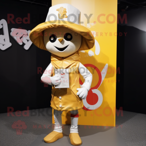 Gold Love Letter mascot costume character dressed with a Windbreaker and Hat pins