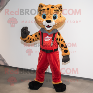 Red Cheetah mascot costume character dressed with a Dungarees and Belts