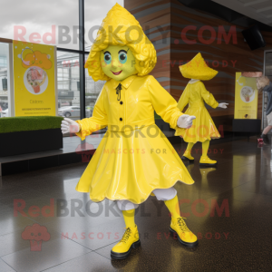 Lemon Yellow Irish Dancing Shoes mascot costume character dressed with a Raincoat and Earrings