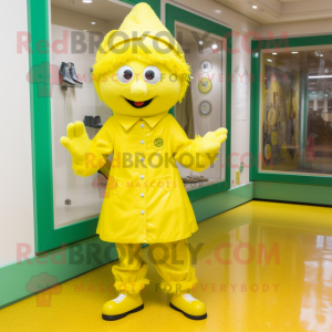 Lemon Yellow Irish Dancing Shoes mascot costume character dressed with a Raincoat and Earrings