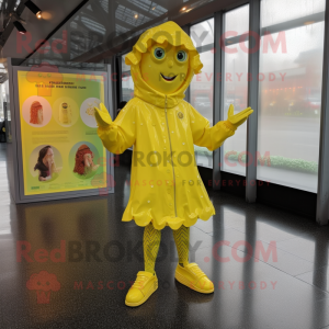 Lemon Yellow Irish Dancing Shoes mascot costume character dressed with a Raincoat and Earrings