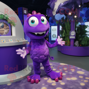 Purple Hydra mascot costume character dressed with a Playsuit and Coin purses