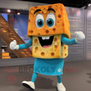 Turquoise Grilled Cheese Sandwich mascot costume character dressed with a Running Shorts and Rings