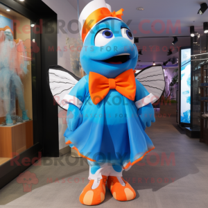 Blue Clown Fish mascot costume character dressed with a Empire Waist Dress and Bow ties