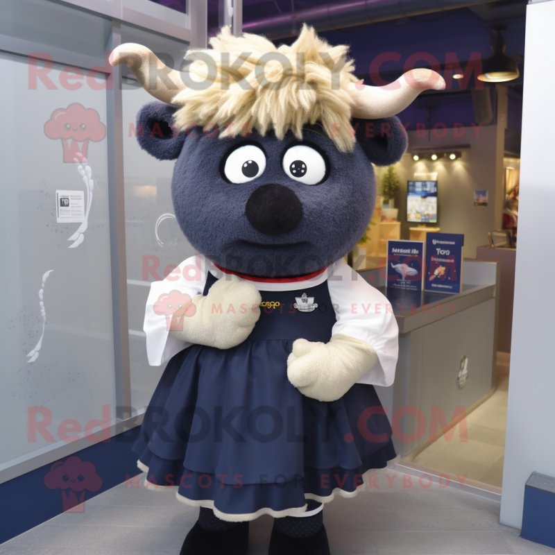 Navy Beef Wellington mascot costume character dressed with a Culottes and Hair clips