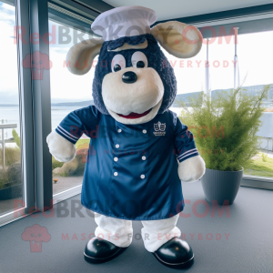 Navy Beef Wellington mascot costume character dressed with a Culottes and Hair clips