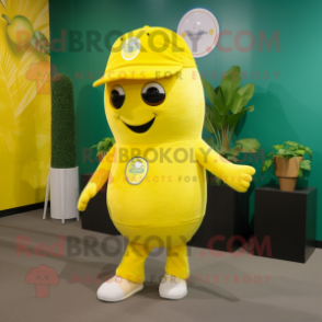 Lemon Yellow Raspberry mascot costume character dressed with a Polo Shirt and Beanies