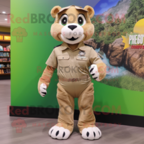 Olive Mountain Lion mascot costume character dressed with a Shorts and Lapel pins