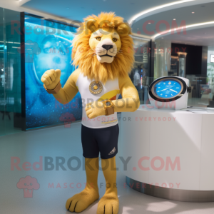 Gold Tamer Lion mascot costume character dressed with a Swimwear and Bracelet watches