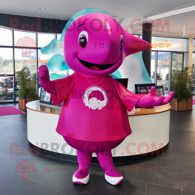 Magenta Whale mascot costume character dressed with a Circle Skirt and Keychains