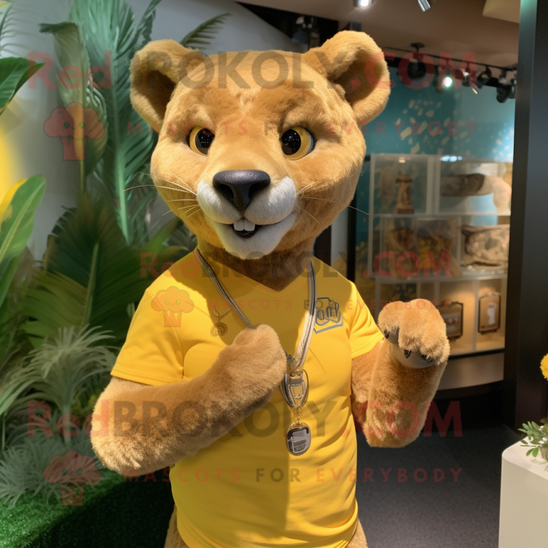 Gold Jaguarundi mascot costume character dressed with a Henley Tee and Hairpins