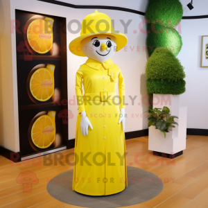 Lemon Yellow Soda Can mascot costume character dressed with a Sheath Dress and Hat pins