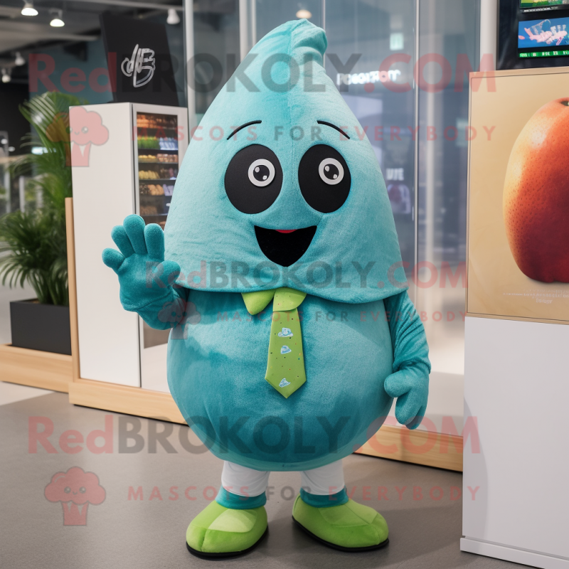 Teal Pear mascot costume character dressed with a Button-Up Shirt and Mittens