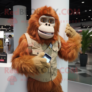 Beige Orangutan mascot costume character dressed with a Sheath Dress and Digital watches