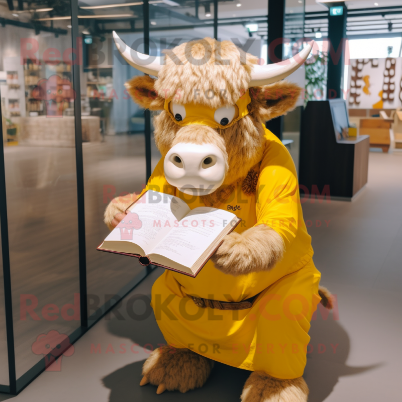 Gold Buffalo mascot costume character dressed with a Culottes and Reading glasses