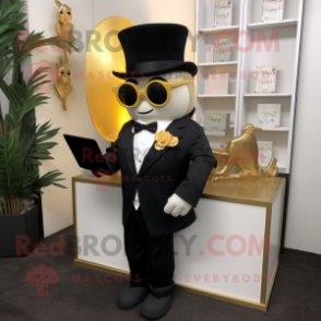 Gold Pho mascot costume character dressed with a Tuxedo and Reading glasses