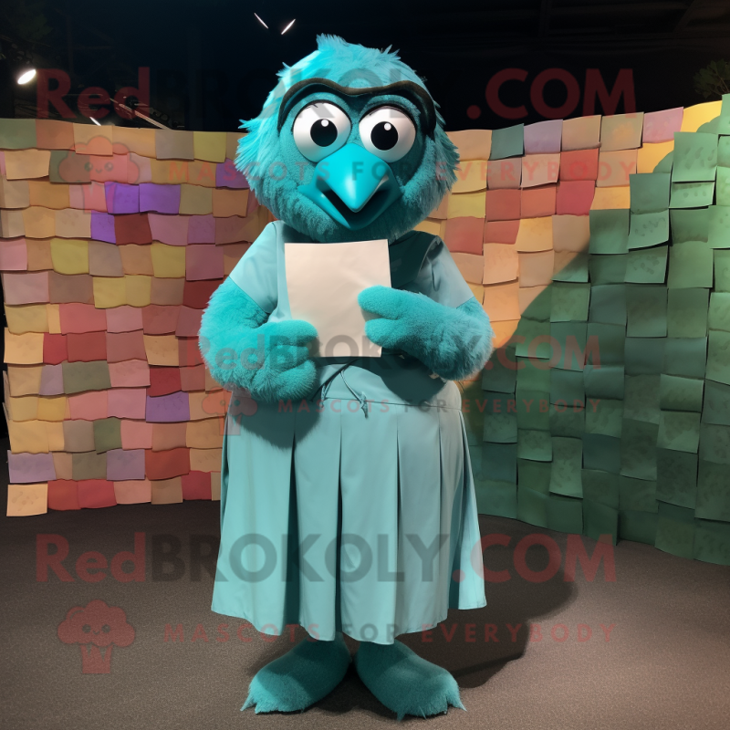 Teal Love Letter mascot costume character dressed with a Dress Shirt and Coin purses