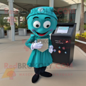 Teal Love Letter mascot costume character dressed with a Dress Shirt and Coin purses