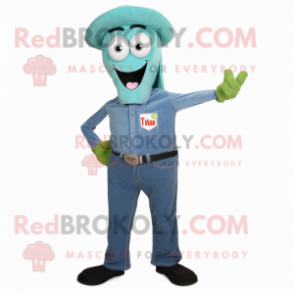 Teal Shakshuka mascot costume character dressed with a Bootcut Jeans and Tie pins