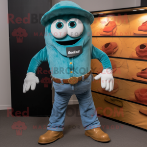 Teal Shakshuka mascot costume character dressed with a Bootcut Jeans and Tie pins