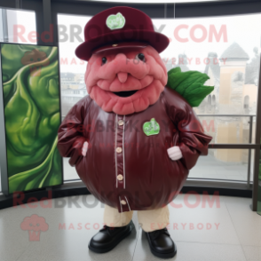 Maroon Corned Beef And Cabbage mascot costume character dressed with a Leather Jacket and Hat pins
