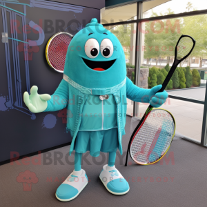 Turquoise Tennis Racket mascot costume character dressed with a Suit Pants and Shawl pins