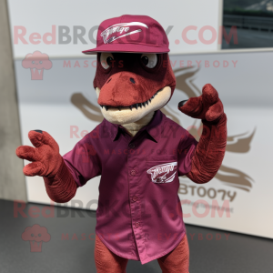 Maroon Deinonychus mascot costume character dressed with a Polo Shirt and Berets