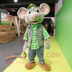 Lime Green Rat mascot costume character dressed with a Flannel Shirt and Shoe laces