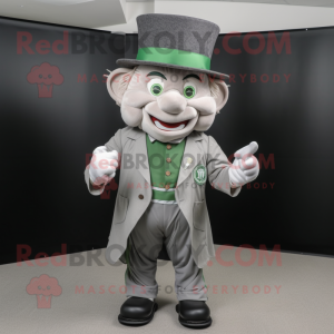 Gray Leprechaun mascot costume character dressed with a Dress Shirt and Lapel pins