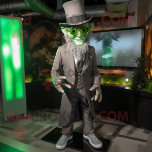 Gray Leprechaun mascot costume character dressed with a Dress Shirt and Lapel pins