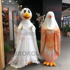 Peach Fried Chicken mascot costume character dressed with a Wedding Dress and Shawls