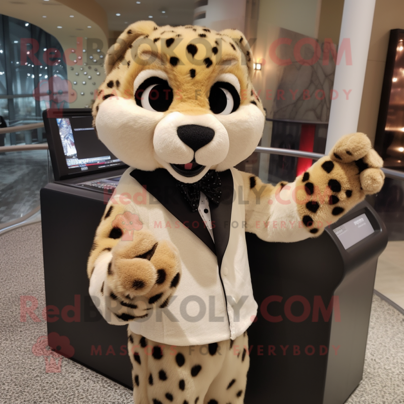 Tan Cheetah mascot costume character dressed with a Tuxedo and Mittens